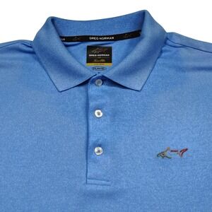 Greg Norman Tasso Elba Five Iron Blue Polo Shirt Mens Medium Play Dry Shark Logo